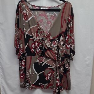 Jennifer Lopez Asian Floral V Neck Wrap Blouse - Red and Brown Cottagecore 3X